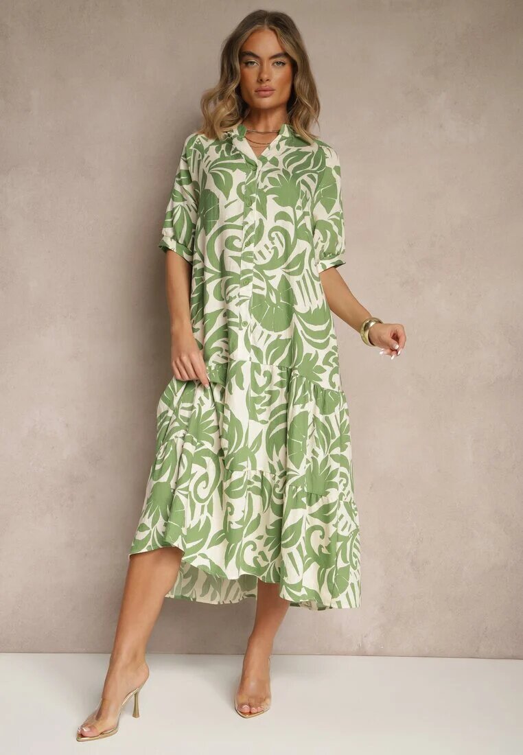 j&x Rochie Evazată Verde din Viscoză cu Volan Filesenia