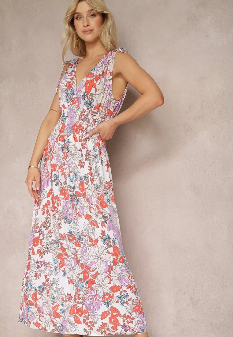 j&x Rochie Florală Alb-roz cu elastic în talie și decolteu în V Vialessia