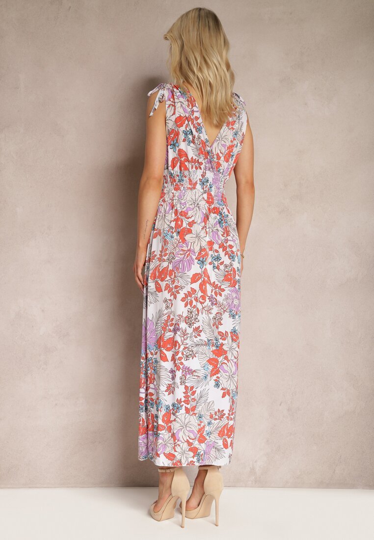 j&x Rochie Florală Alb-roz cu elastic în talie și decolteu în V Vialessia