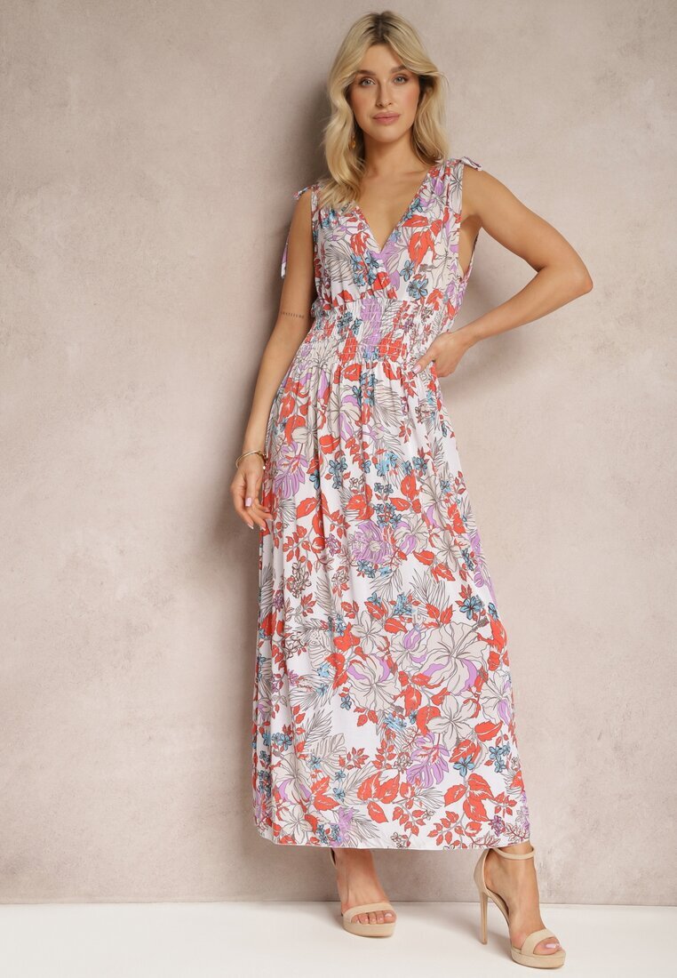 j&x Rochie Florală Alb-roz cu elastic în talie și decolteu în V Vialessia