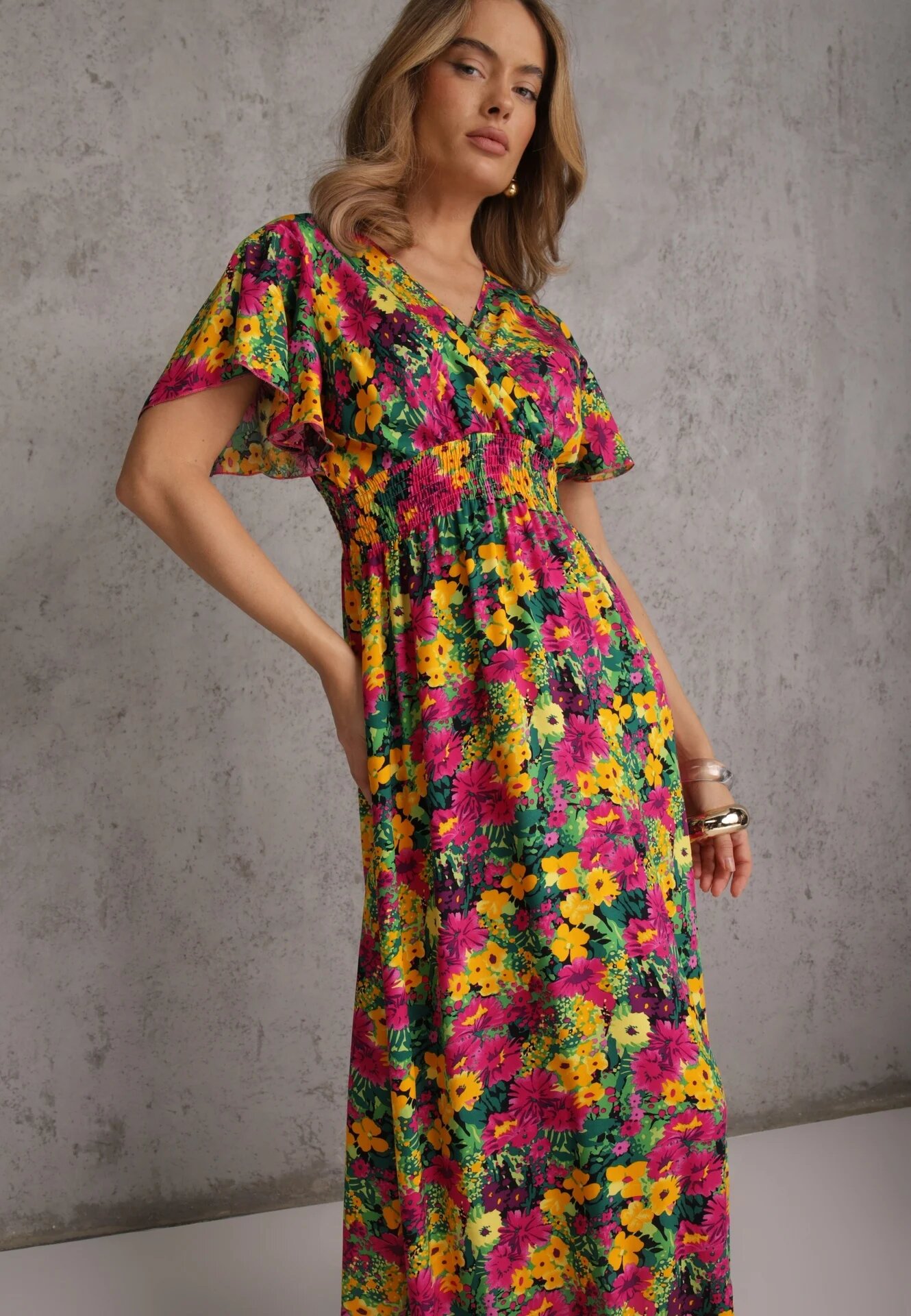 j&x Rochie Galben-Fuchsia Evazată Maxi cu Elastic în Talie din Viscoză Femia