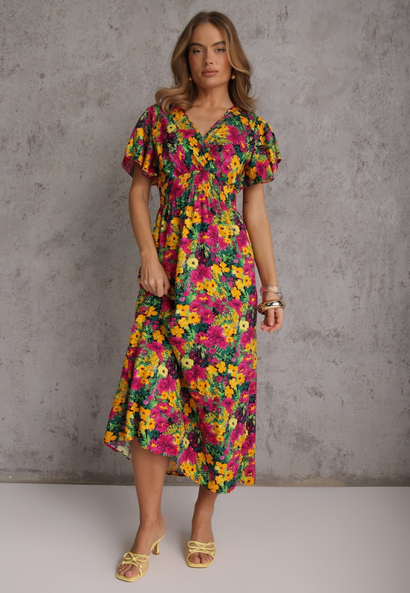 j&x Rochie Galben-Fuchsia Evazată Maxi cu Elastic în Talie din Viscoză Femia
