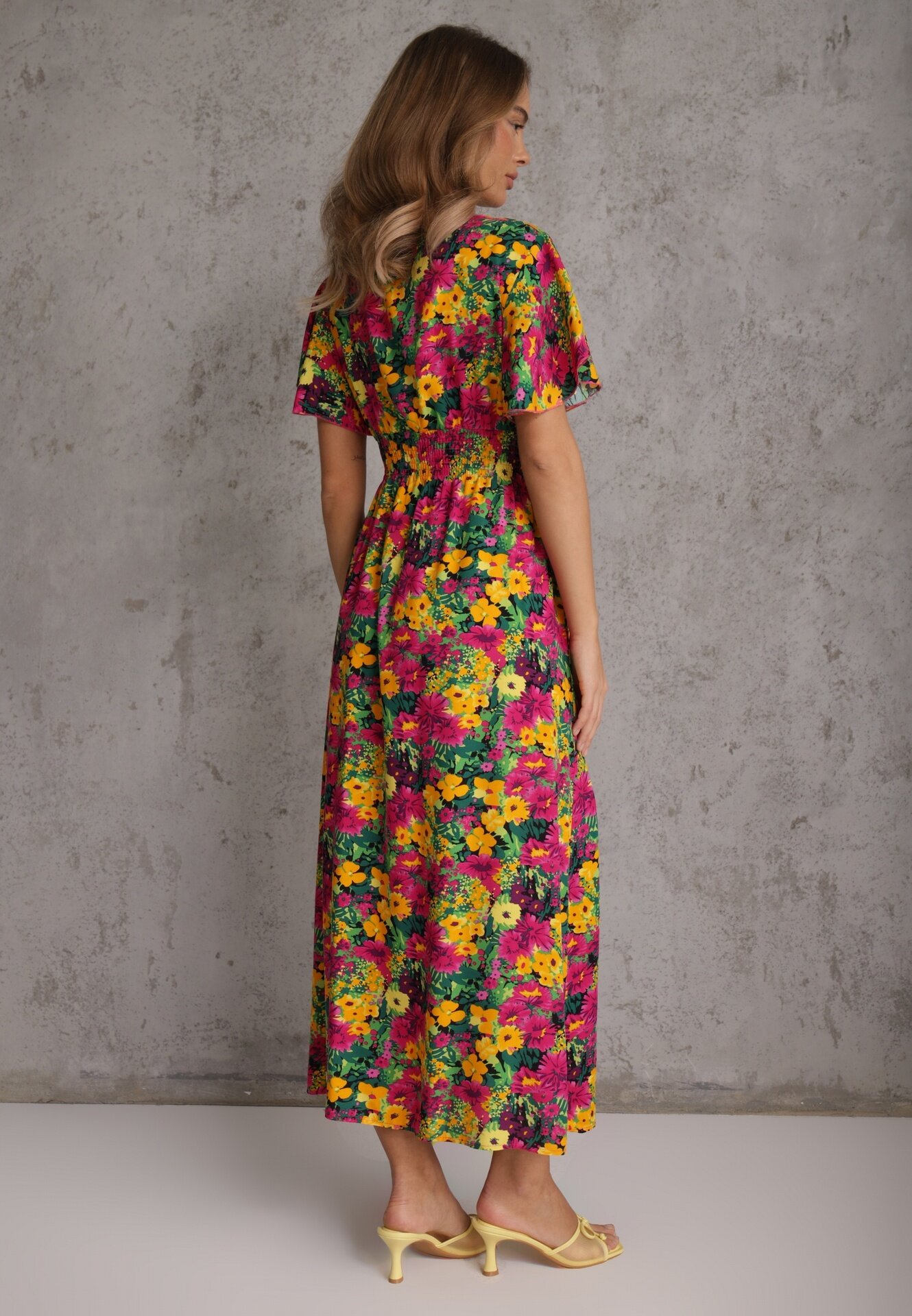 j&x Rochie Galben-Fuchsia Evazată Maxi cu Elastic în Talie din Viscoză Femia
