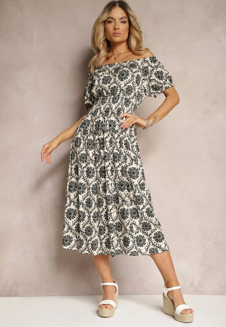 j&x Rochie Gri-Bej din Viscoză stil spaniol cu elastic în talie Zilalina