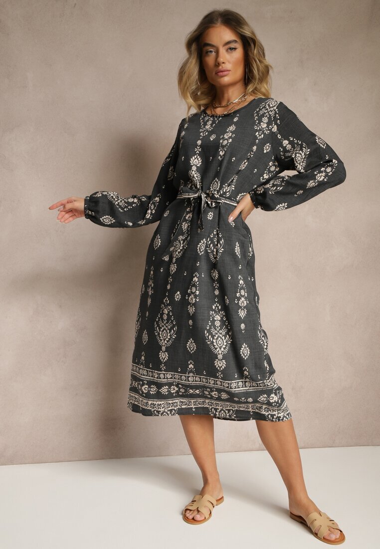 j&x Rochie Gri închis Croială dreaptă Boho cu imprimeu etnic cu curea Lisalenea