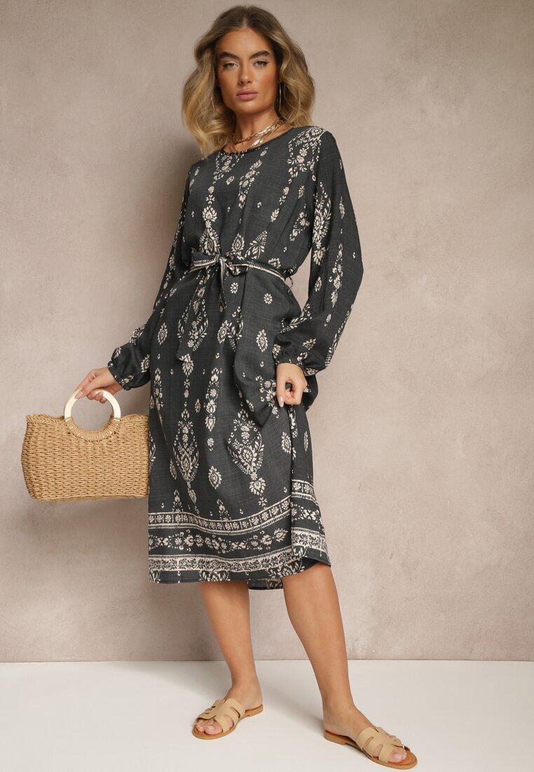 j&x Rochie Gri închis Croială dreaptă Boho cu imprimeu etnic cu curea Lisalenea