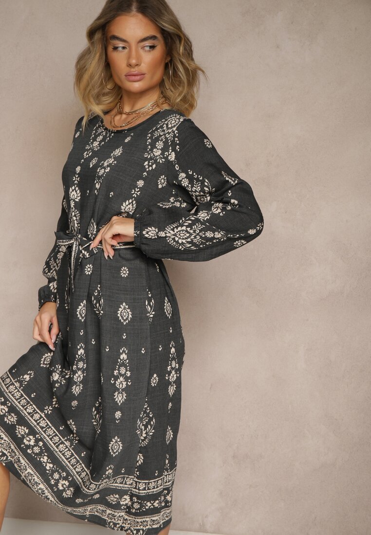 j&x Rochie Gri închis Croială dreaptă Boho cu imprimeu etnic cu curea Lisalenea
