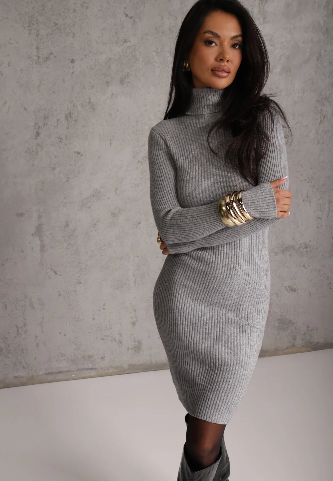 j&x Rochie Gri Mulată cu Guler înalt și din Tricot Striaț Mariase
