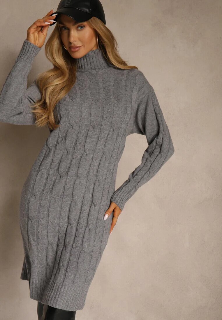j&x Rochie gri tricotată cu guler înalt cu lână bumbac și săsătură decorativă Reilenea