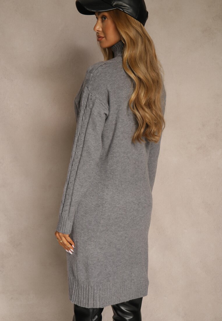 j&x Rochie gri tricotată cu guler înalt cu lână bumbac și săsătură decorativă Reilenea