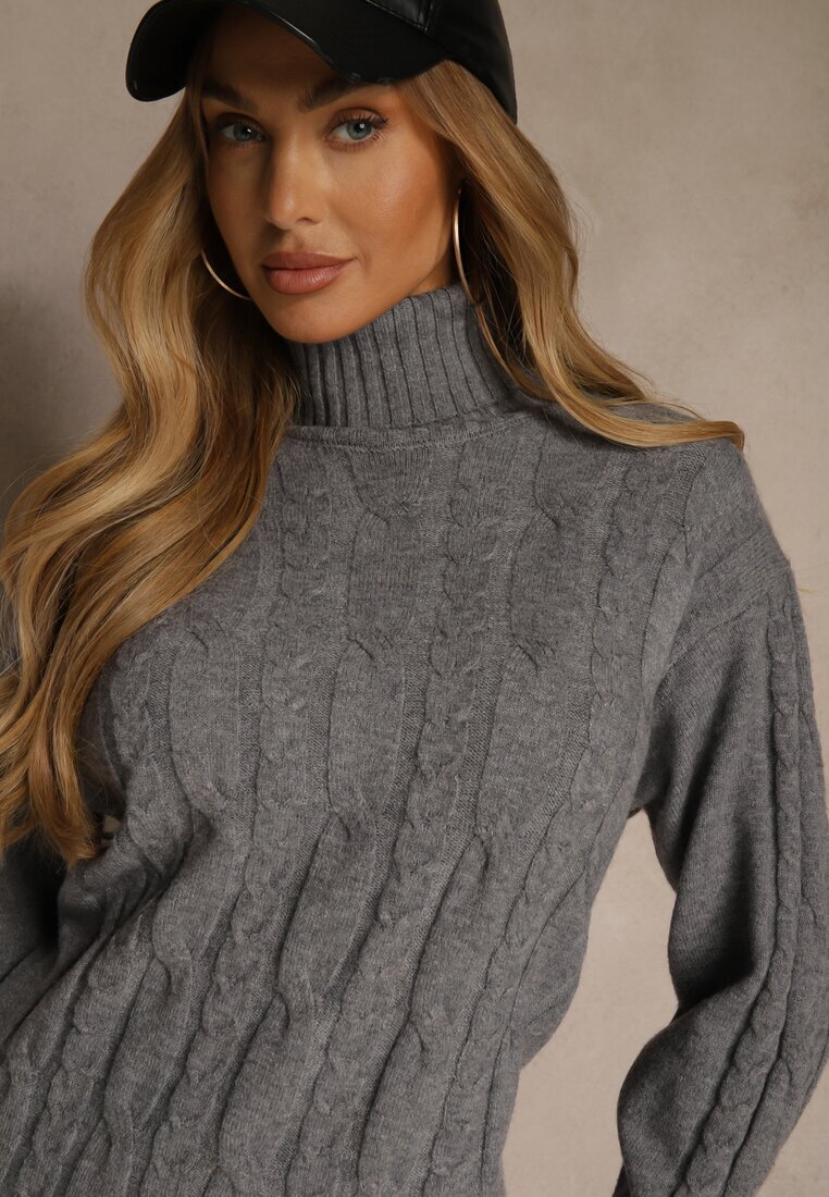 j&x Rochie gri tricotată cu guler înalt cu lână bumbac și săsătură decorativă Reilenea