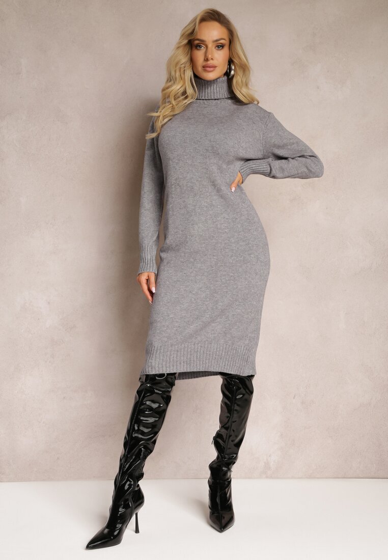 j&x Rochie Gri Tricotată cu Guler Înalt Pacienas