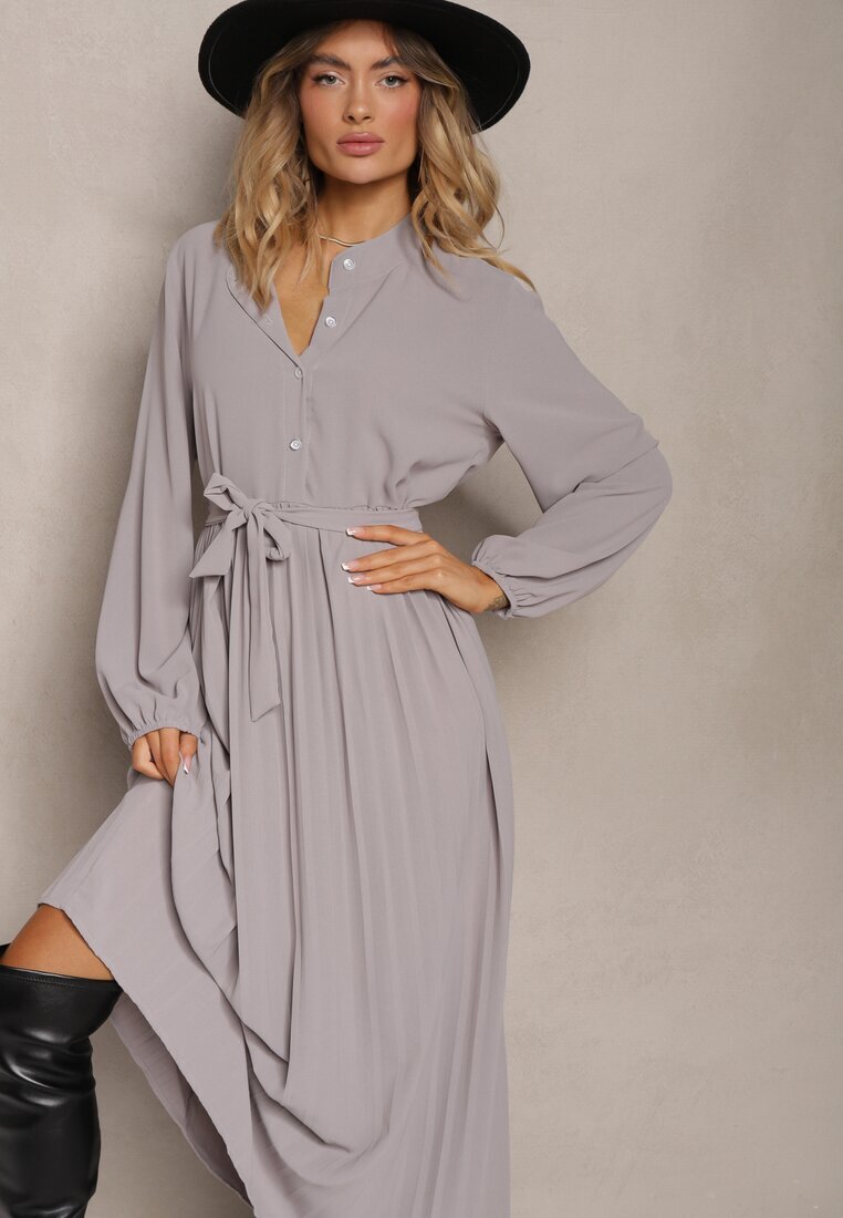 j&x Rochie Maxi Cloche Gri închis Plisată Legată în talie Terilla