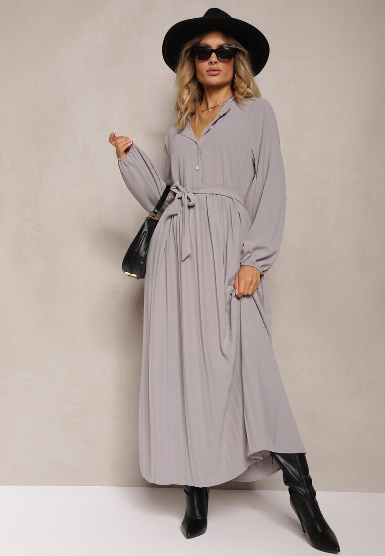 j&x Rochie Maxi Cloche Gri închis Plisată Legată în talie Terilla