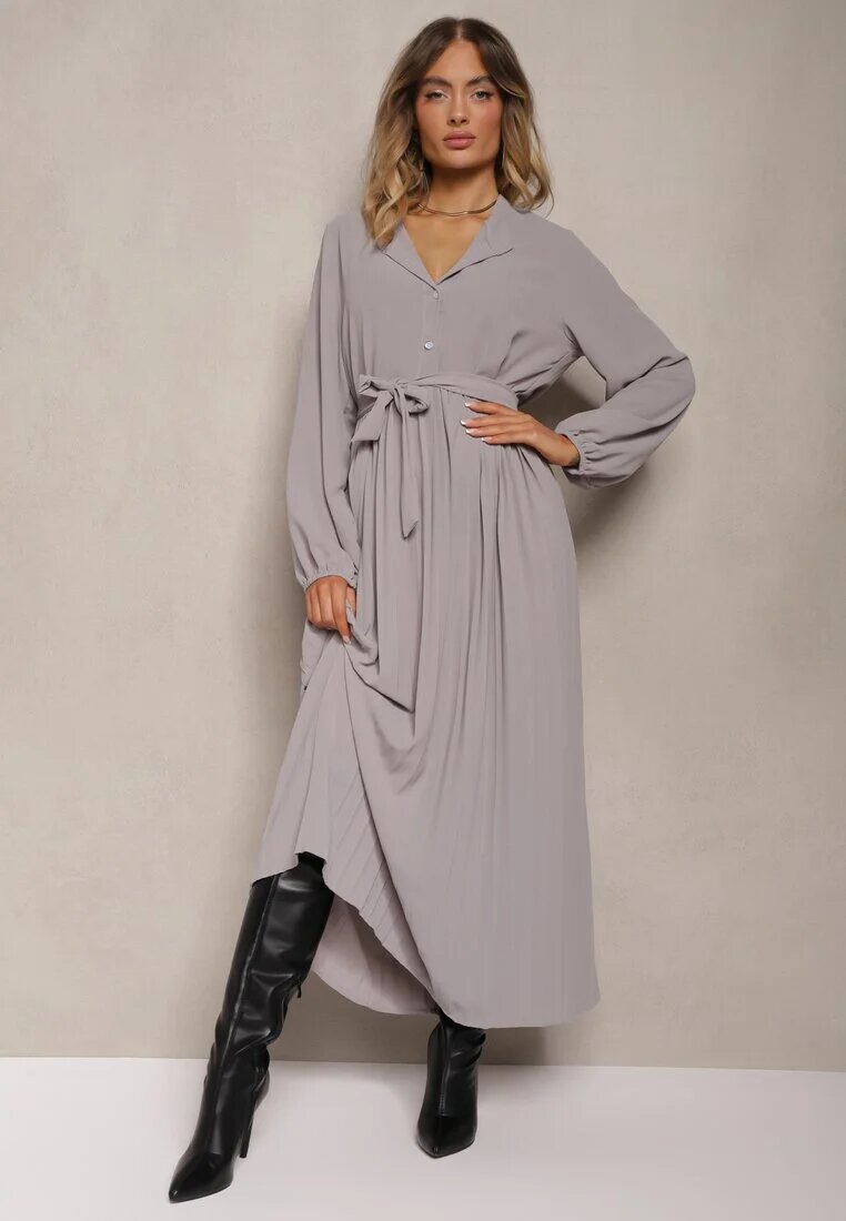 j&x Rochie Maxi Cloche Gri închis Plisată Legată în talie Terilla