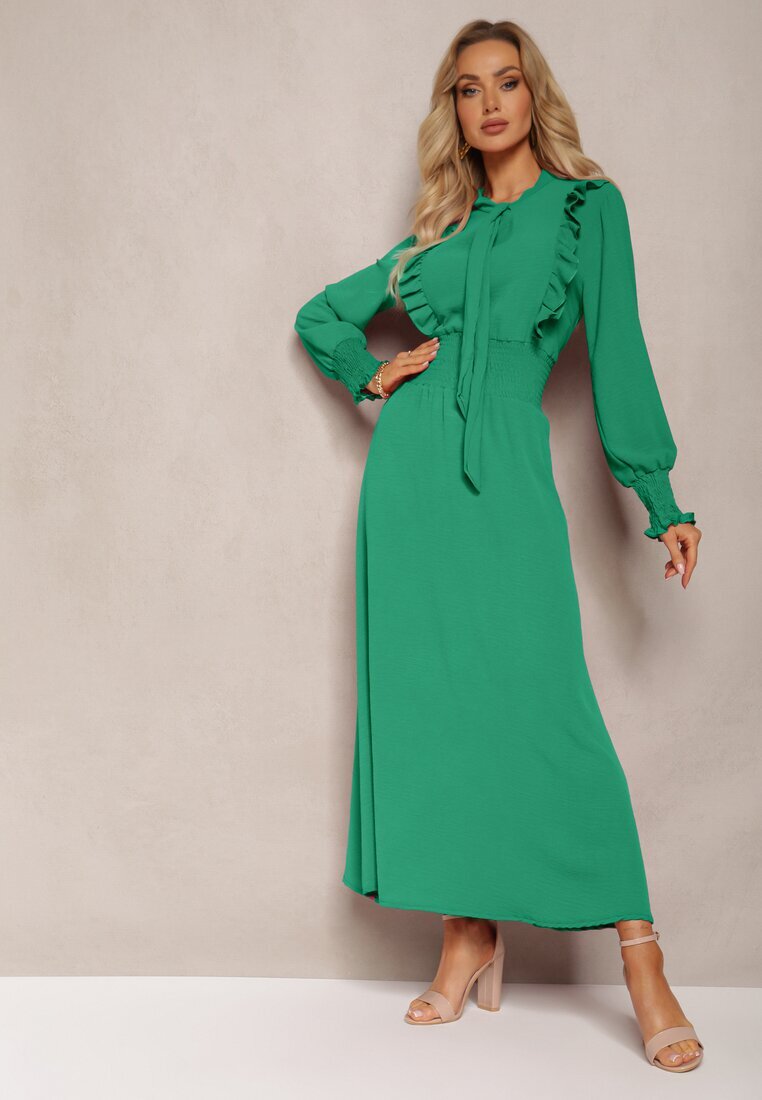 j&x Rochie Maxi Verde Cloș cu Volane și Cordon la Decolteu Pallam