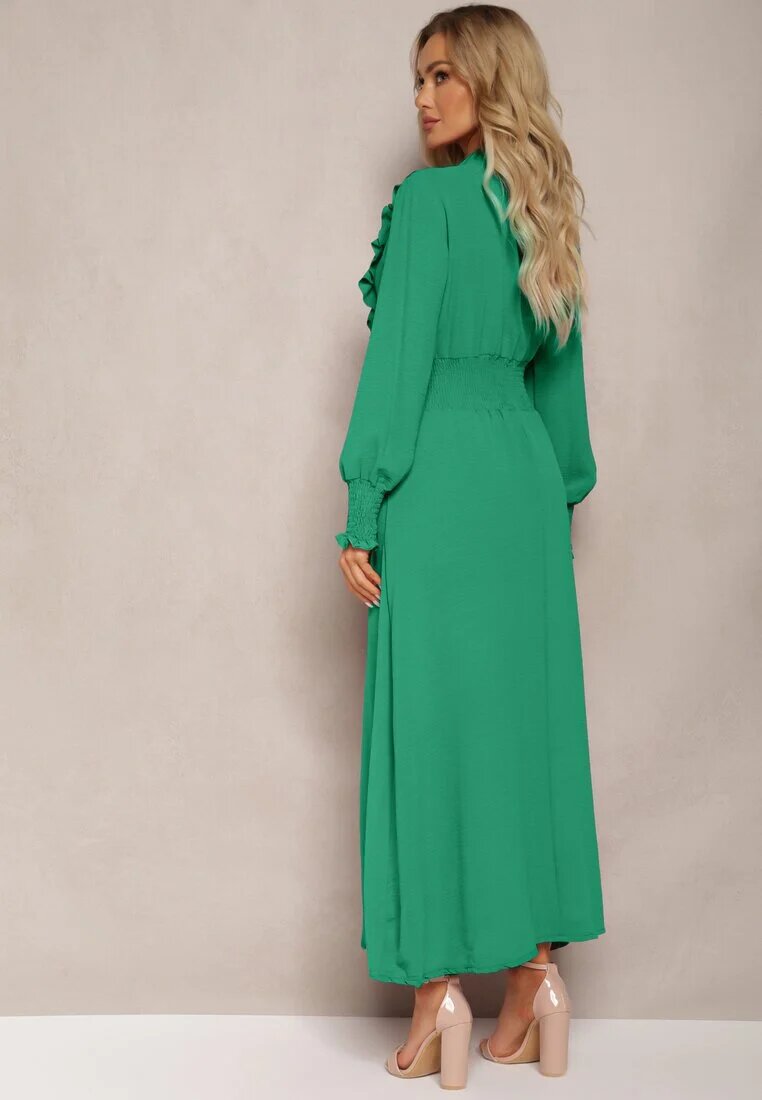 j&x Rochie Maxi Verde Cloș cu Volane și Cordon la Decolteu Pallam