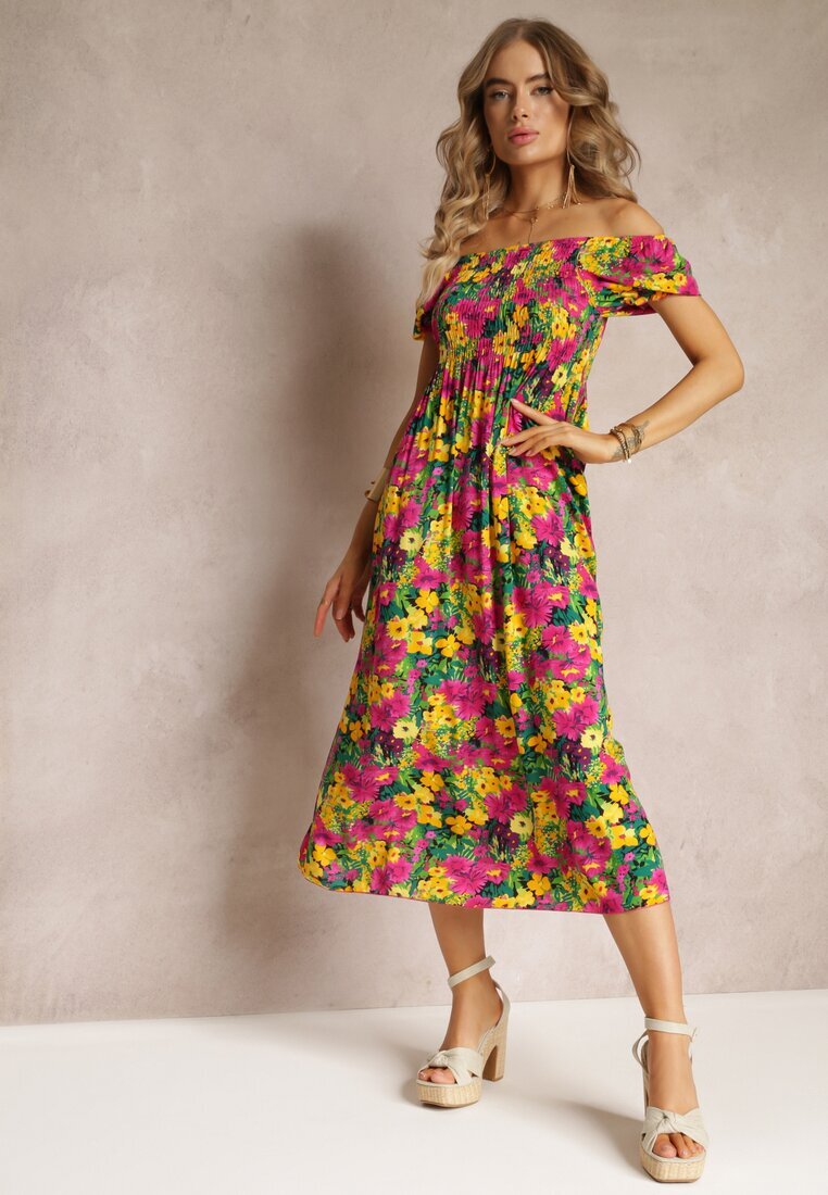 j&x Rochie Midi Fucsia-Galbenă din Viscoză cu Imprimeu Floral și Decolteu Spaniol Ambersen