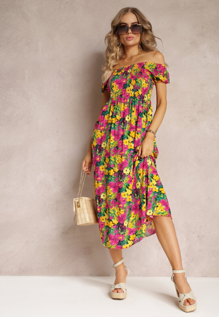 j&x Rochie Midi Fucsia-Galbenă din Viscoză cu Imprimeu Floral și Decolteu Spaniol Ambersen