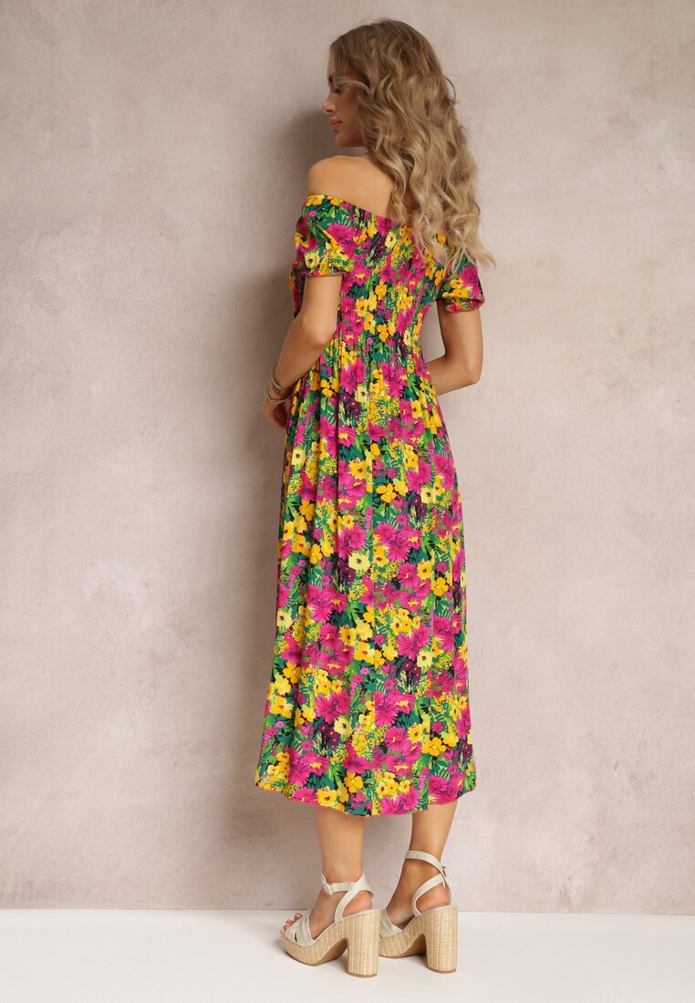 j&x Rochie Midi Fucsia-Galbenă din Viscoză cu Imprimeu Floral și Decolteu Spaniol Ambersen