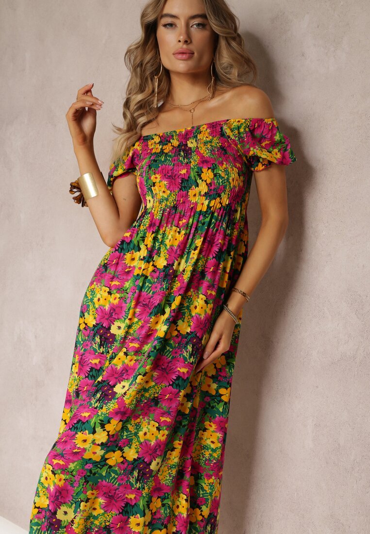 j&x Rochie Midi Fucsia-Galbenă din Viscoză cu Imprimeu Floral și Decolteu Spaniol Ambersen