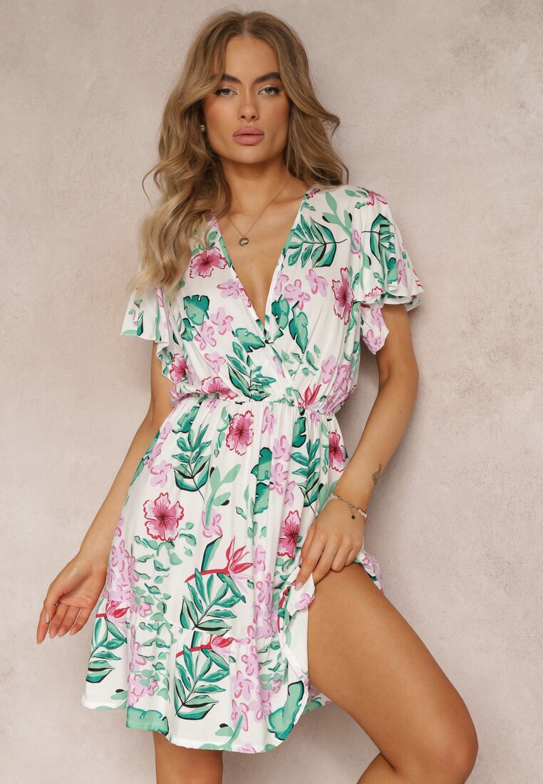 j&x Rochie Mini Albă din Viscoză cu elastic în talie și decolteu petrecut cu imprimeu floral Eleagnecca