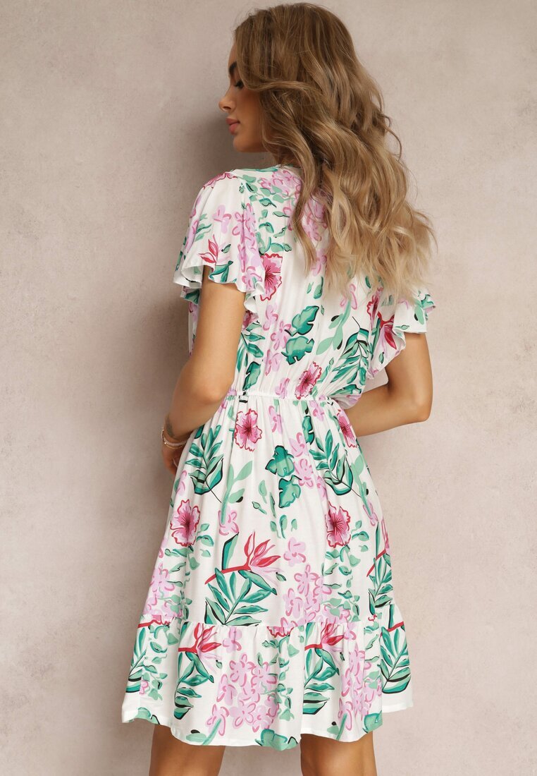j&x Rochie Mini Albă din Viscoză cu elastic în talie și decolteu petrecut cu imprimeu floral Eleagnecca