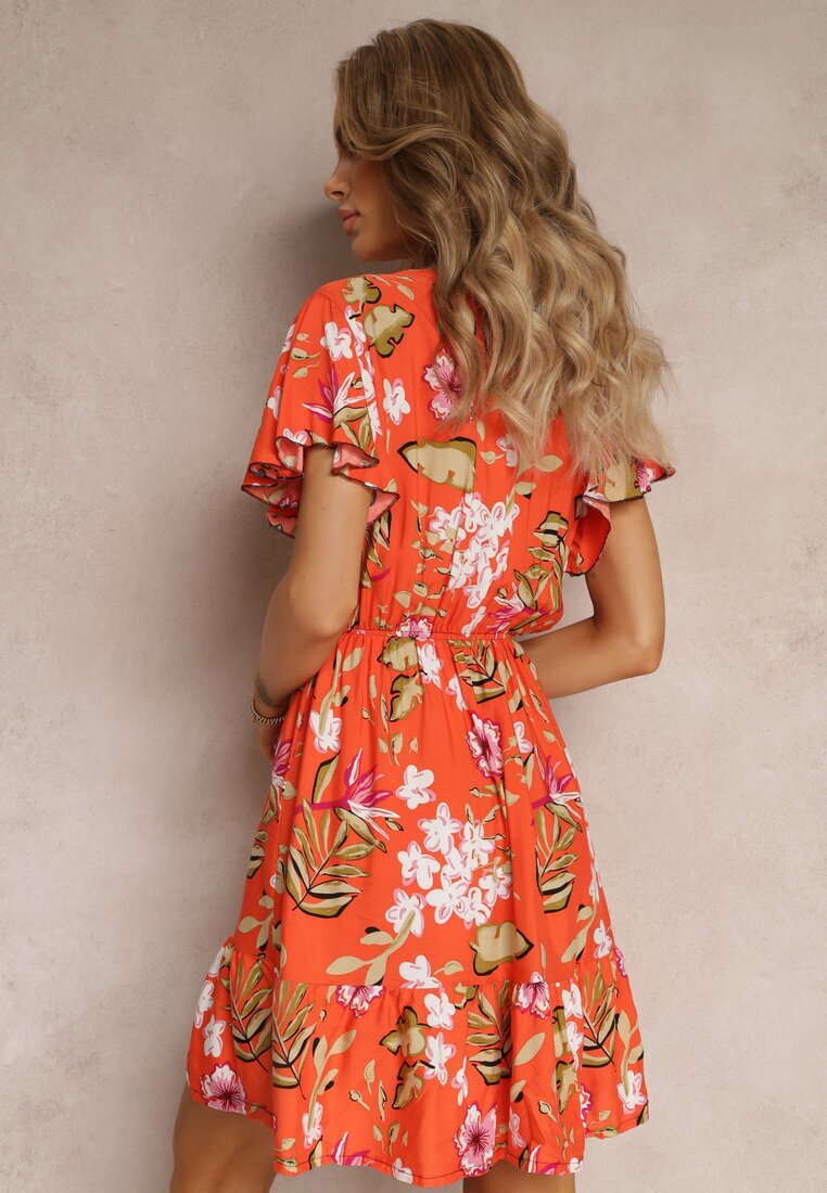 j&x Rochie Mini Portocalie din Vascoză cu Elastic în Talie și Decolteu Petrecut cu Imprimeu Floral Eleagnecca