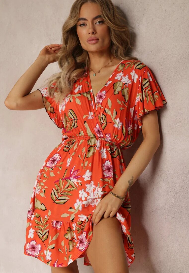 j&x Rochie Mini Portocalie din Vascoză cu Elastic în Talie și Decolteu Petrecut cu Imprimeu Floral Eleagnecca