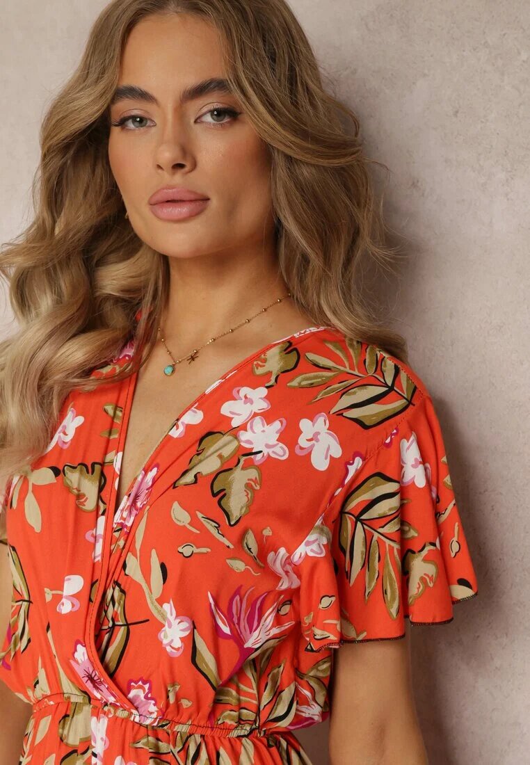 j&x Rochie Mini Portocalie din Vascoză cu Elastic în Talie și Decolteu Petrecut cu Imprimeu Floral Eleagnecca