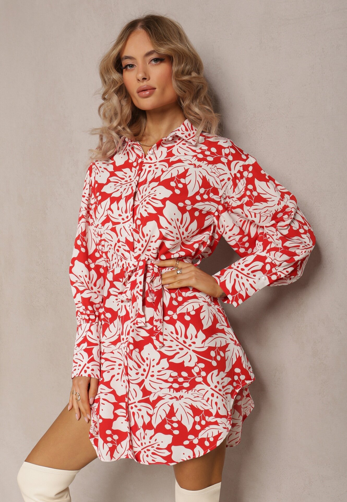 j&x Rochie Mini Roșu-Alb cu Croială Cămășuită Evazată cu Imprimeu Floral Enda