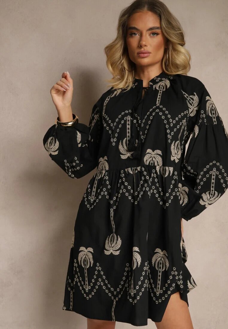 j&x Rochie neagră de bumbac decorată cu broderie de palmier Sarlio