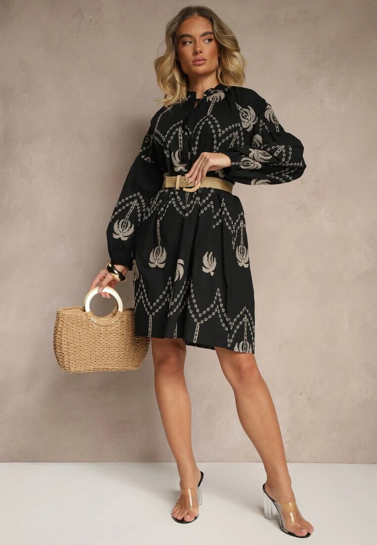 j&x Rochie neagră de bumbac decorată cu broderie de palmier Sarlio