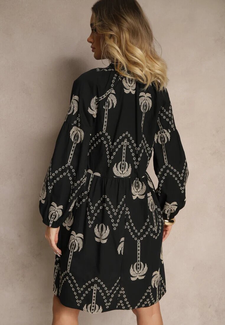 j&x Rochie neagră de bumbac decorată cu broderie de palmier Sarlio