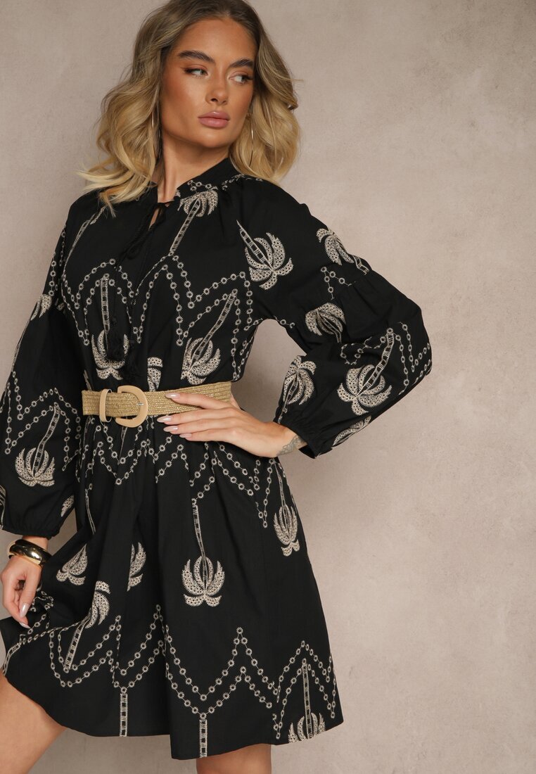 j&x Rochie neagră de bumbac decorată cu broderie de palmier Sarlio