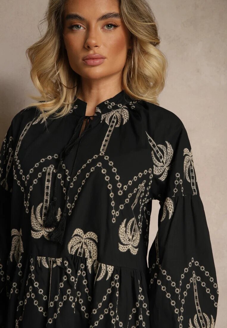 j&x Rochie neagră de bumbac decorată cu broderie de palmier Sarlio