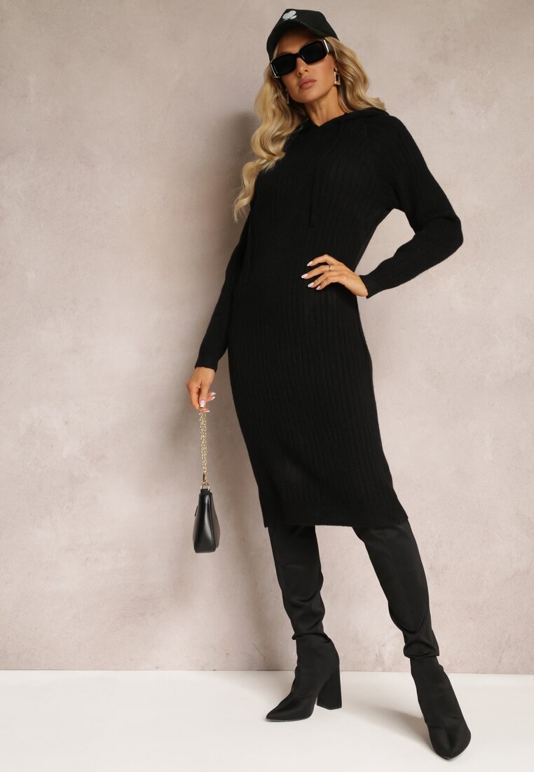j&x Rochie Neagră de lână cu dungi cu glugă Opiuda