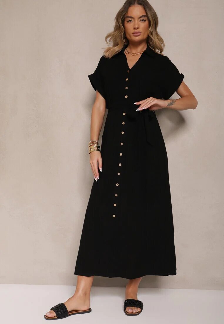 j&x Rochie neagră din vâscoză și in cu croială tip cămașă cu curea Efralissea