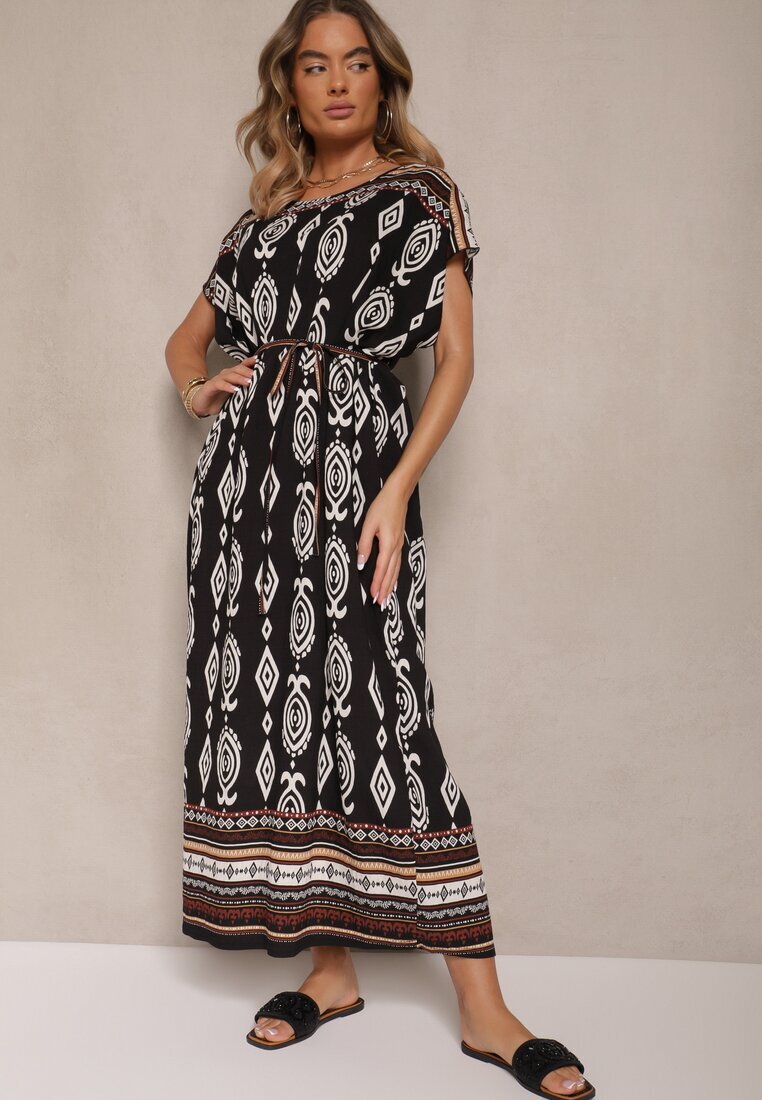 j&x Rochie neagră din viscoză croi tip cutie cu imprimeu etnic Miriliana