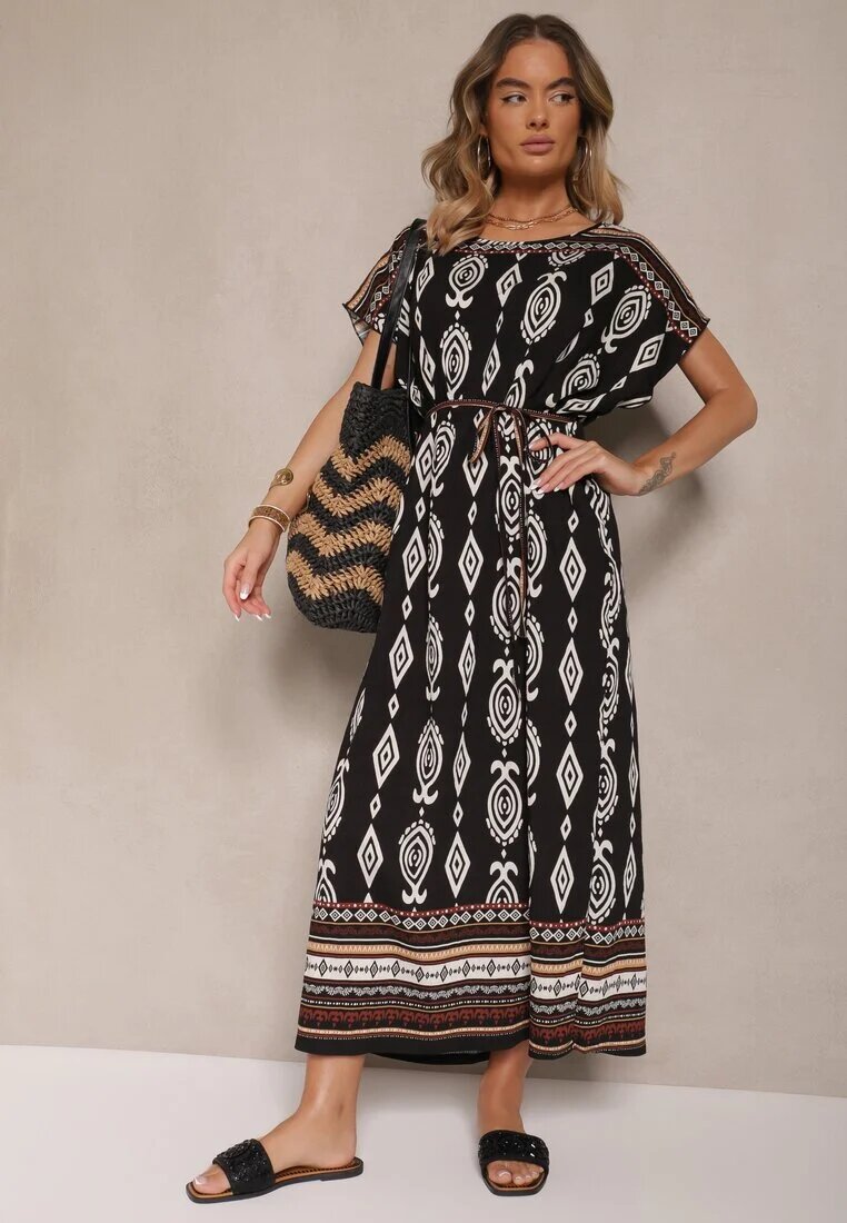 j&x Rochie neagră din viscoză croi tip cutie cu imprimeu etnic Miriliana