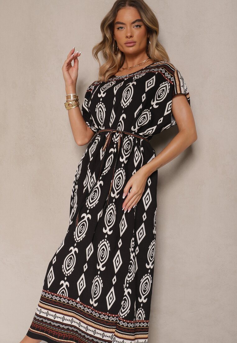 j&x Rochie neagră din viscoză croi tip cutie cu imprimeu etnic Miriliana