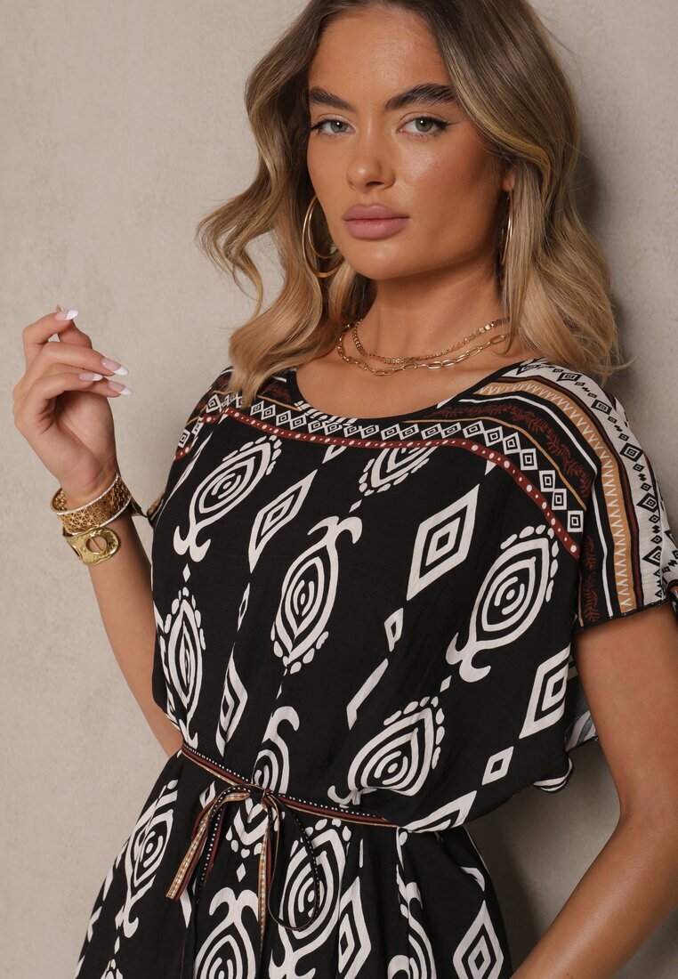 j&x Rochie neagră din viscoză croi tip cutie cu imprimeu etnic Miriliana