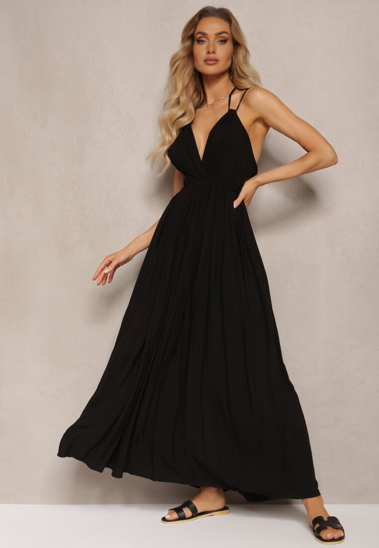 j&x Rochie Neagră din Viscoză cu Croială Cloș Legată la Gât și la Spate Grines