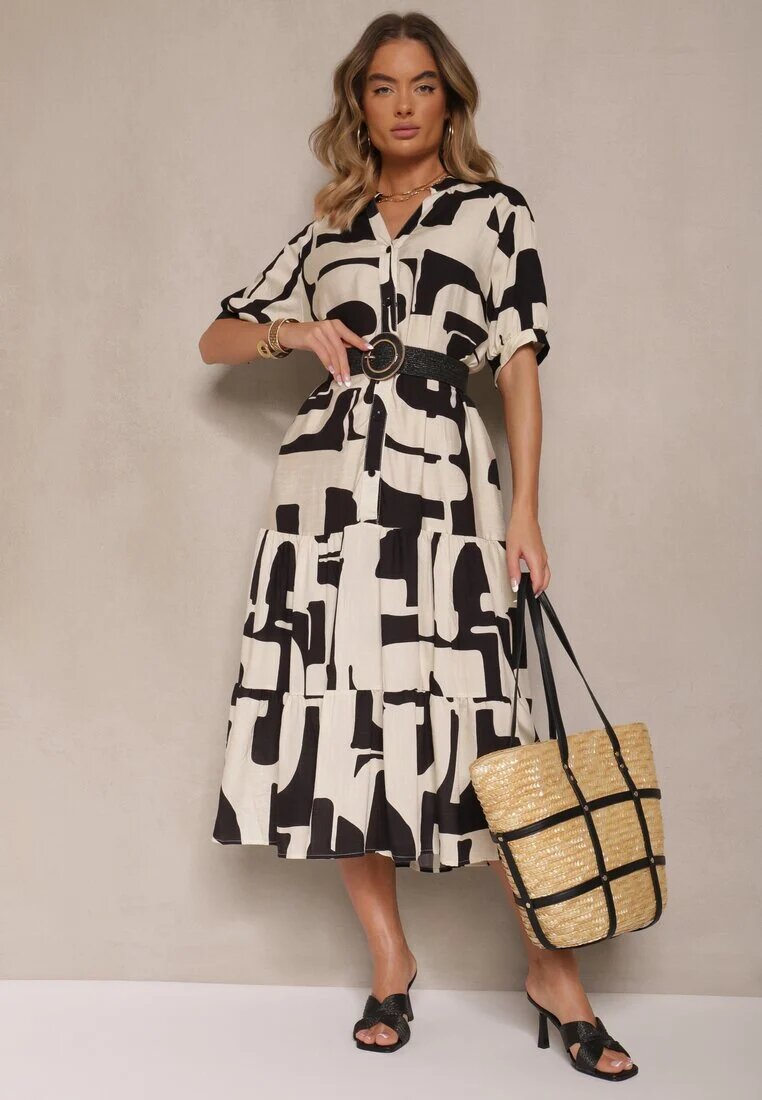 j&x Rochie Neagră din Viscoză Decorată cu Motiv Geometic Filorea
