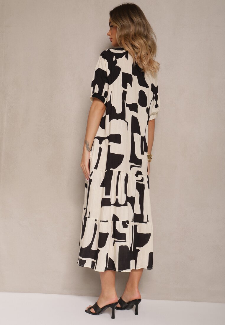 j&x Rochie Neagră din Viscoză Decorată cu Motiv Geometic Filorea