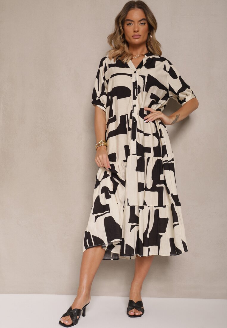 j&x Rochie Neagră din Viscoză Decorată cu Motiv Geometic Filorea