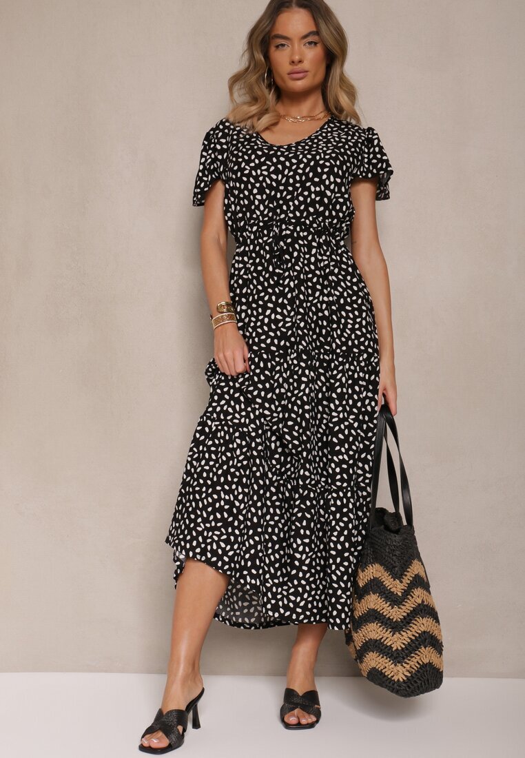 j&x Rochie Neagră Evazată din Bumbac și cu Motiv Geometic Mevelaia