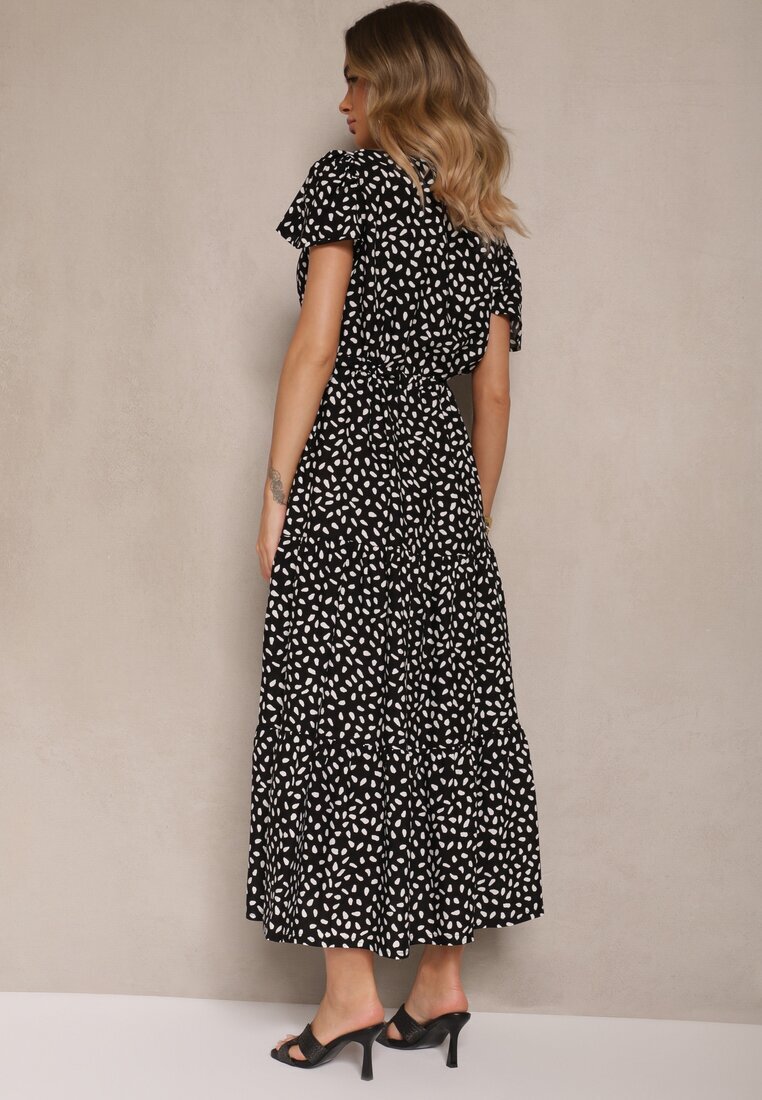 j&x Rochie Neagră Evazată din Bumbac și cu Motiv Geometic Mevelaia