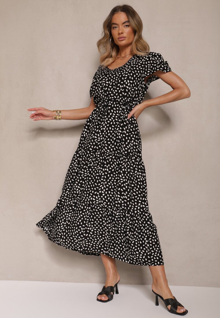 j&x Rochie Neagră Evazată din Bumbac și cu Motiv Geometic Mevelaia
