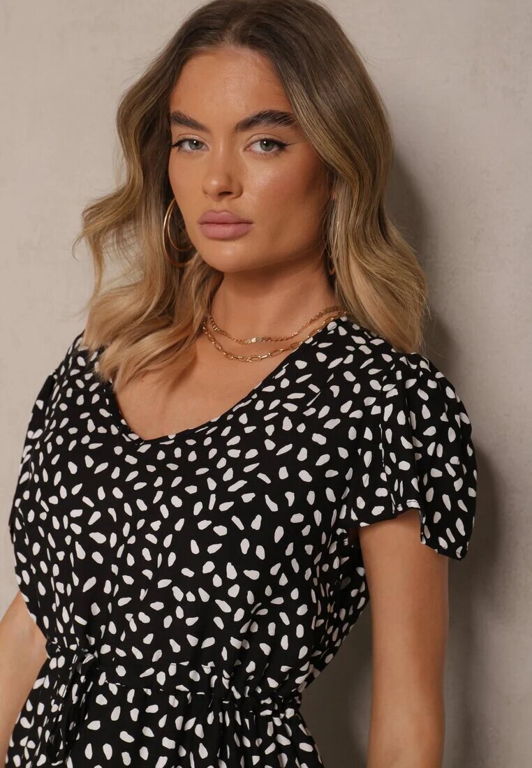 j&x Rochie Neagră Evazată din Bumbac și cu Motiv Geometic Mevelaia